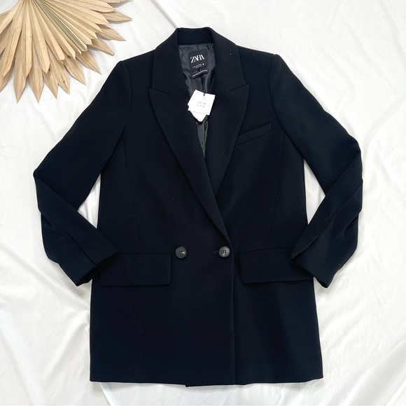 Zara Oversized Flowy Black Double Breasted Boyfriend Button Blazer Jacket Small - Picture 2 of 6